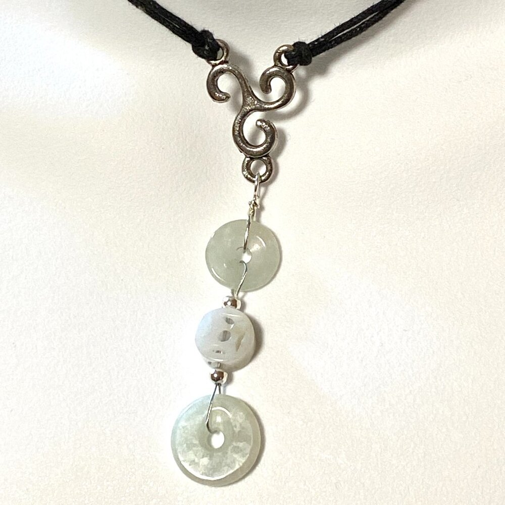 Genuine Light Green Nephrite Eternity Ring Necklace, Lariat Pendant & Waxed Cord